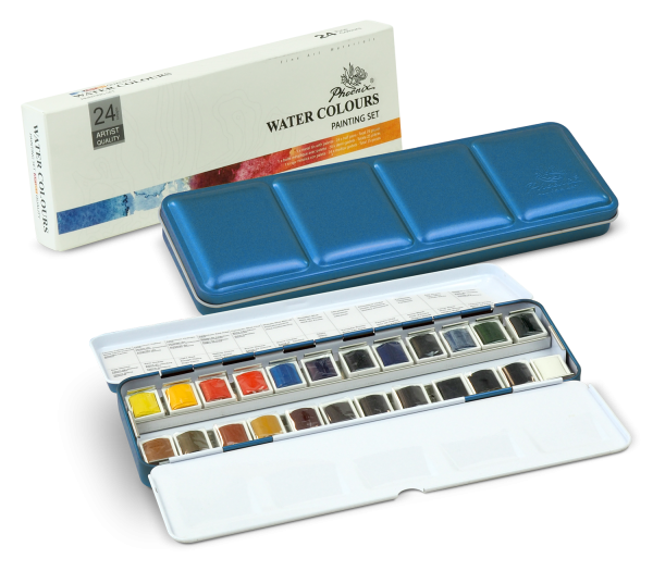 Phoenix Aquarelles Coffret en Métal - Ensemble de 24 demi-godets